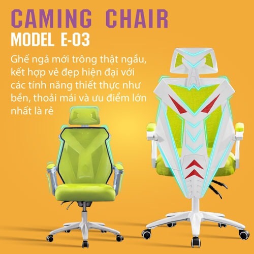 Ghế chơi game cao cấp, chân xoay ngã 135 độ dành cho game thủ có gối tựa đầu mẫu E03 Thái Lan (Hàng nhập khẩu)