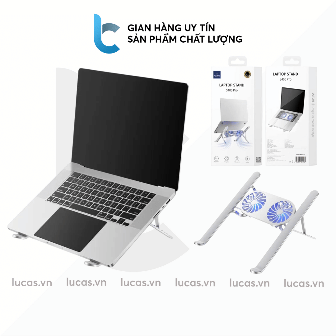 Stand Quạt Tản Nhiệt Macbook WIWU S400 Pro Nhôm Gấp Gọn Đế Tản Nhiệt Tương Thích Laptop 9 -17inch 2 Quạt Tản Nhiệt - Hàng Chính Hãng