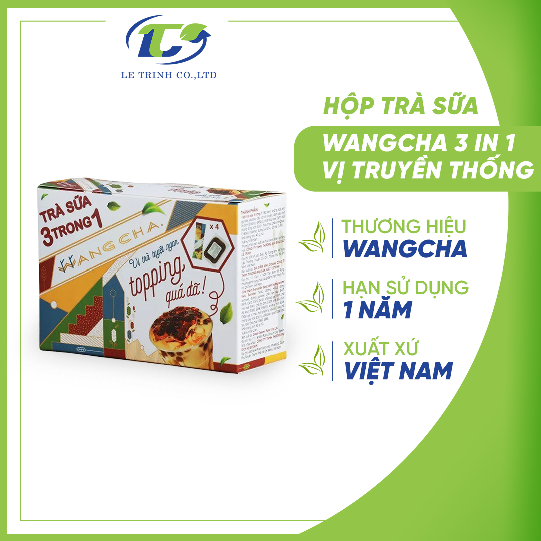 Hộp Trà Sữa Wangcha 3IN1 Vị Truyền Thống pha trà sữa tiện lợi - Bột Hòa Tan Trà Sữa 3IN1 Truyền Thống 4 gói và Thạch 3Q Caramel 4 gói  thơm ngon đi kèm - Trà Sữa 3IN1 Vị Truyền Thống cao cấp, dễ sử dụng (320gr/hộp)