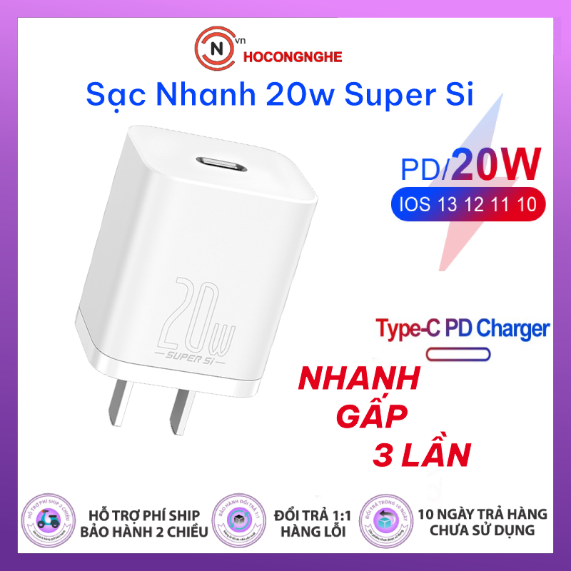 Bộ cốc cáp sạc nhanh Baseus 20W Si cho IP12, Củ sạc nhanh IP12 Baseus 20W Super Si Mini USB C hỗ trợ sạc nhanh QC3.0 PD - Hàng chính hãng