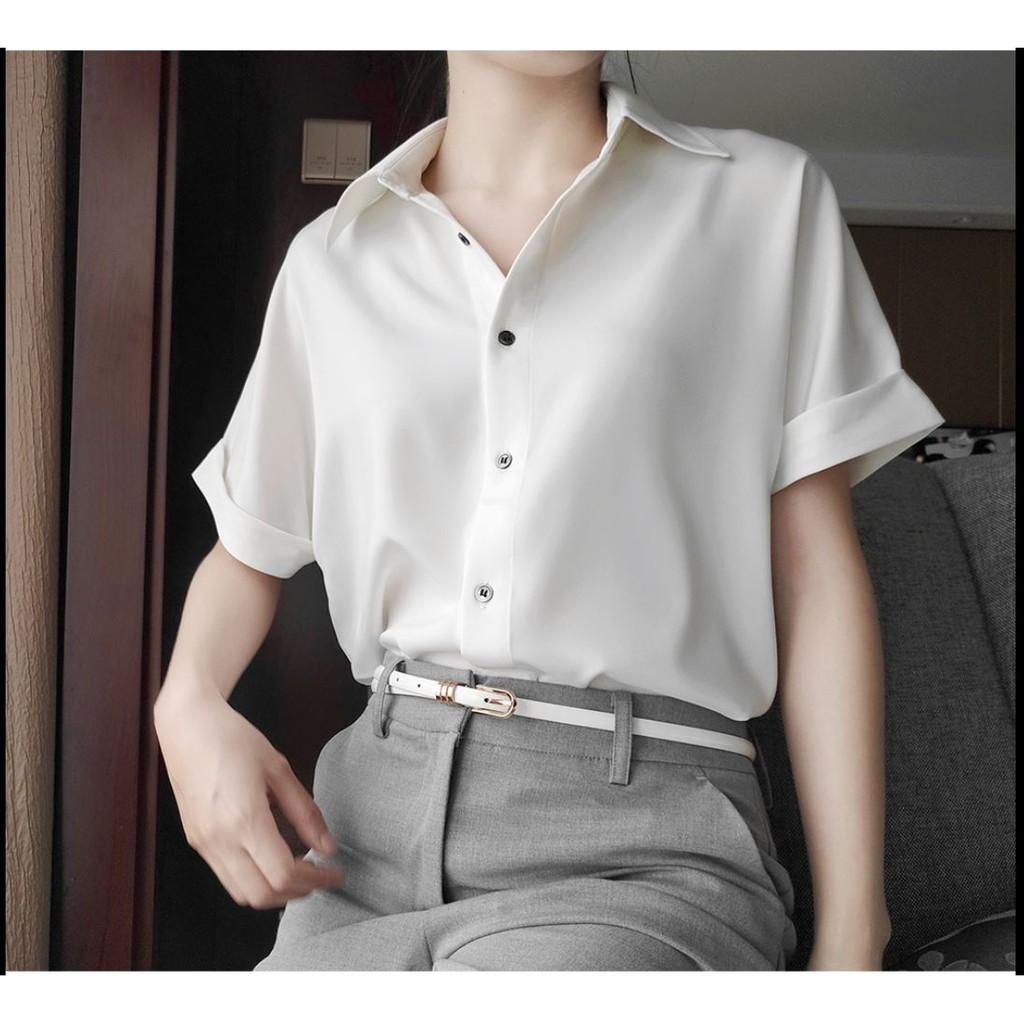 Áo sơ mi công sở ngắn tay satin trắng phong cách Hồng Kông