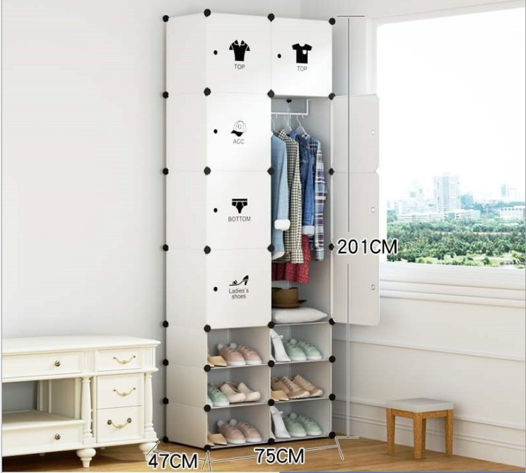 Tủ nhựa lắp ghép 8 ô và 6 ô giày tiết kiệm diện tích, màu trắng, decal quần áo, 1 teo