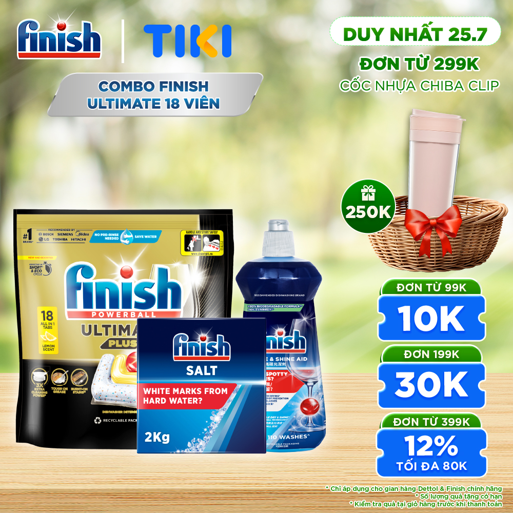 Combo Finish: Viên rửa chén Ultimate 18 viên + Nước làm bóng 500ml + Muối rửa chén 2kg