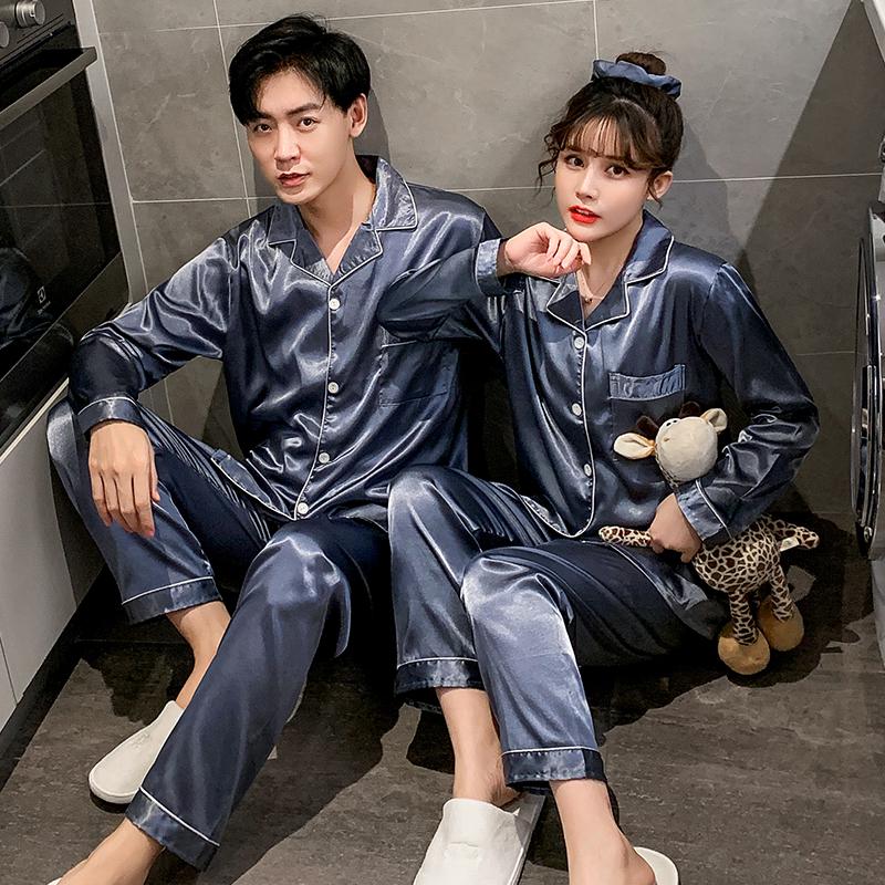 Đồng Màu Đồ Ngủ Lụa Satin Bộ Đồ Ngủ Cặp Đôi Bộ Dài Cài Nút Pyjamas Phù Hợp Với Bộ Pijama Nữ Nam Loungewear