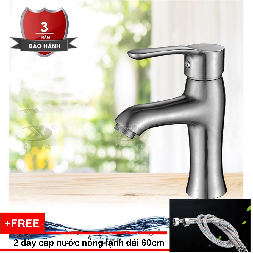 Vòi lavabo nóng lạnh cắm chậu chất liệu inox 304 nguyên khối, tặng kèm 2 dây cấp nước nóng lạnh dài 60cm