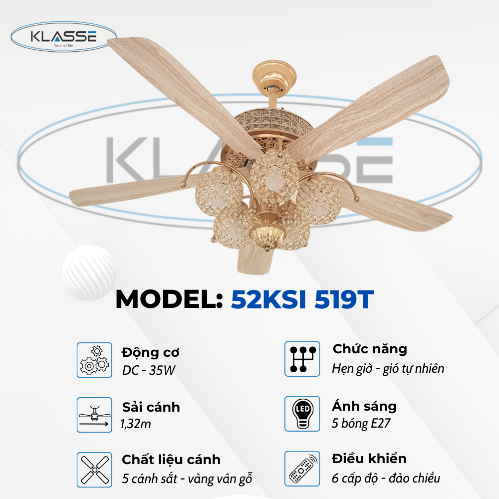 Quạt trần chùm đèn Klasse 52KSI 519T hàng chính hãng