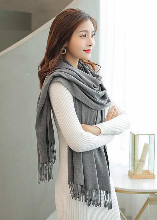 Khăn Choàng Cổ Len Dạ Màu Ghi Xám Trơn - Cashmere - 200x60cm - Mã KC081