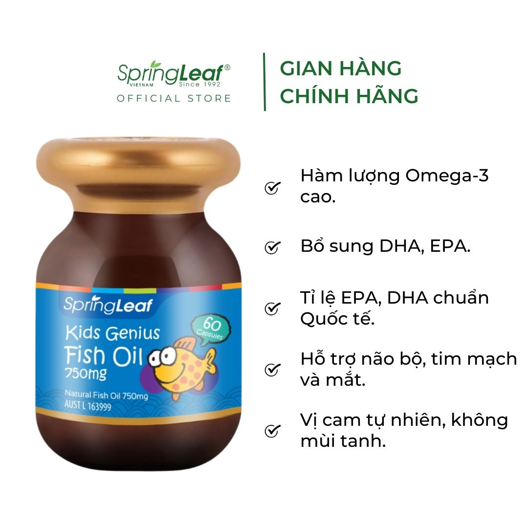Viên uống dầu cá hỗ trợ sáng mắt và phát triển trí não cho bé SpringLeaf Kids Genius Fish Oil 750mg 60/120 viên