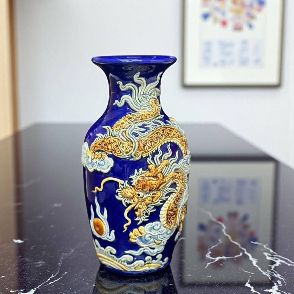 Bộ sứ men xanh RỒNG VIỆT - Gốm Bát Tràng cao cấp, men xanh dương với họa tiết Rồng phượng tinh xảo