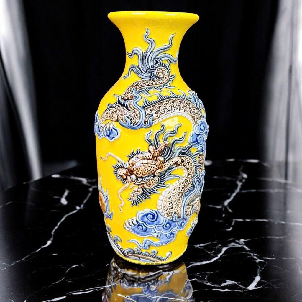 Lọ Lộc Bình Men Vàng Gốm Sứ RỒNG VIỆT - lọ hoa Họa Tiết Nổi Rồng đắp nổi bát tràng cao cấp