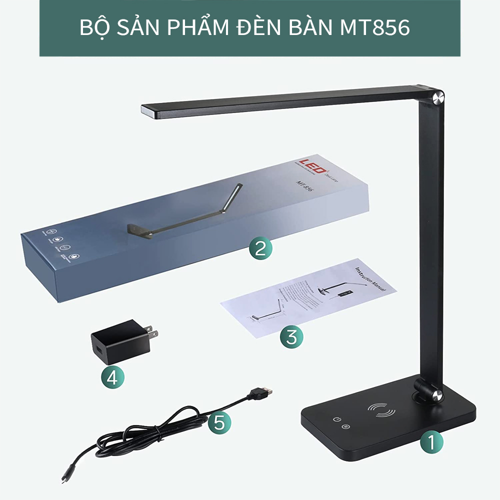 Đèn học đọc sách để bàn 5 chế độ ánh sáng LED 8W, Cổng sạc USB 5V 1.5A, Điều chỉnh cảm ứng