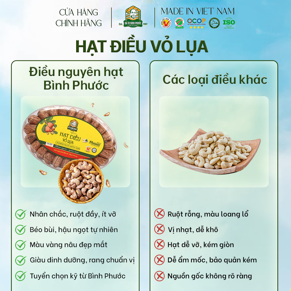 Hạt Điều Vỏ Lụa Bà Tư Bình Phước 160G – Giòn Bùi Tự Nhiên, Đậm Đà Hương Rang Củi
