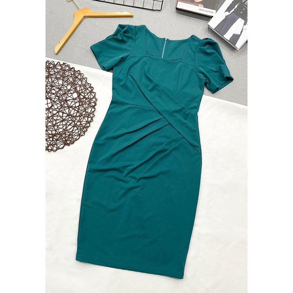 Đầm ôm body dự tiệc công sở thun trơn cổ vuông nhấn eo che bụng freesize dưới 60kg