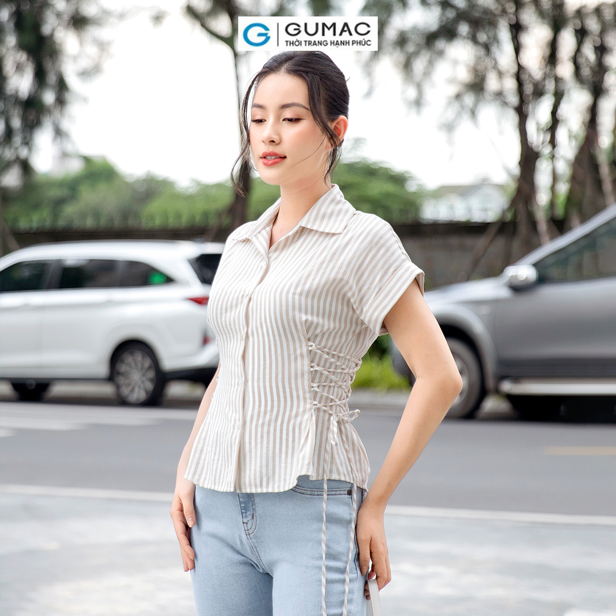 Áo kiểu dây thắt eo vải cotton mềm mát công sở đi tiệc sang trọng thời trang GUMAC AD09001