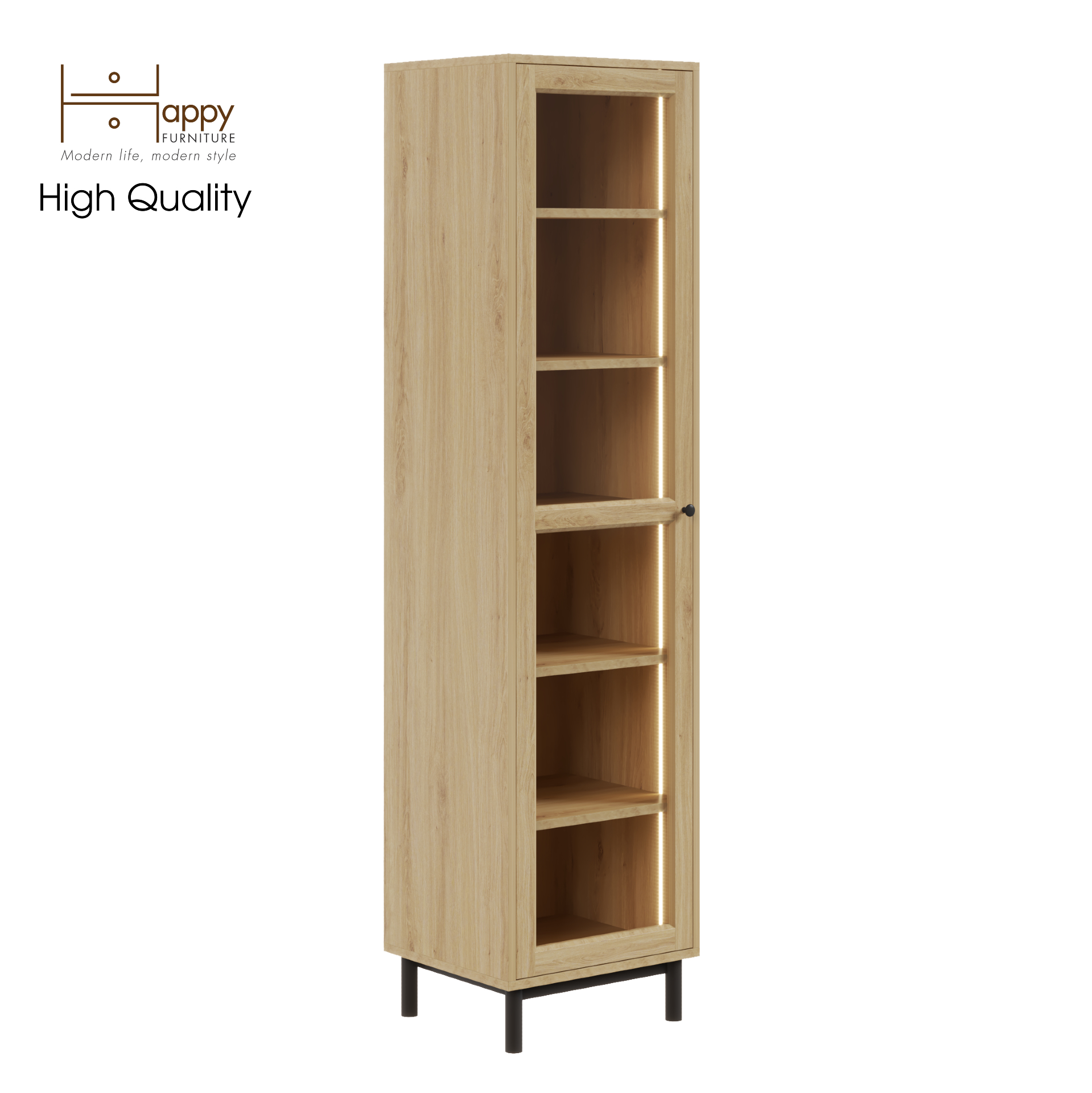 [Happy Home Furniture] CATY , Kệ sách 6 tầng cửa kính size nhỏ tích hợp đèn LED - chân sắt , 45cm x 40cm x 180cm (DxRxC), KSA_018_LED