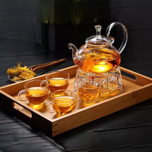 BỘ ẤM CHÉN PHA TRÀ THỦY TINH GỒM 1 ẤM, 6 CỐC, 1 ĐẾ CHÂM NẾN, 1 KHAY TRE  VD27