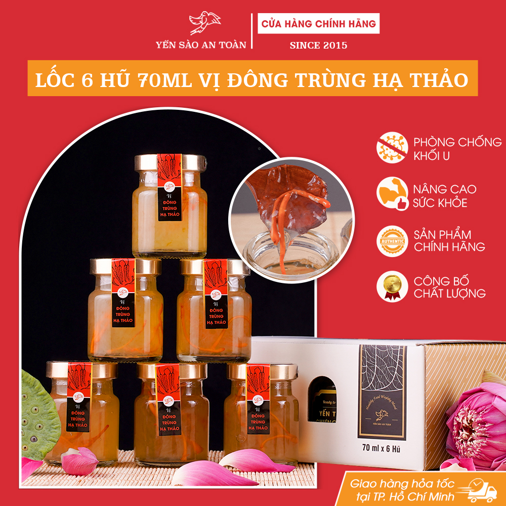 Hộp quà tặng sang trọng 6 hũ Yến chưng sẵn vị VIP Đông Trùng Hạ Thảo ĐẬM ĐẶC YẾN TƯƠI từ Yến Sào An Toàn