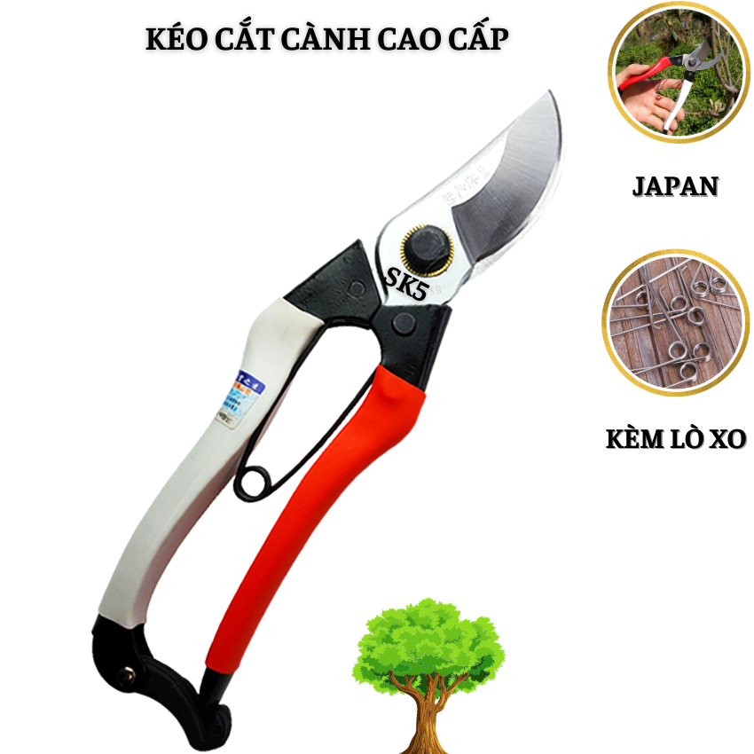 Kéo cắt tỉa cành cây SK5 Japan cao cấp kèm lò xo sơ cua tay ốp su chống trượt- Combo 2c