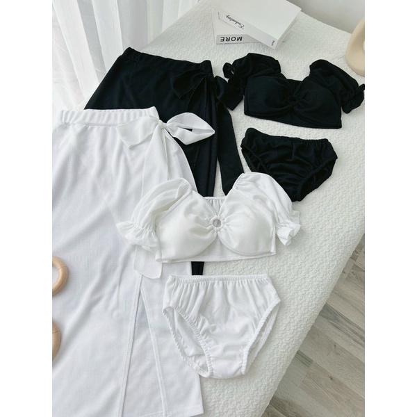 Set bikini xốp 3 món trắng đen, đồ bơi nữ áo + quần chip + chân váy dài xẻ đùi, bộ đi biển du lịch quyến rũ gợi cảm sexy