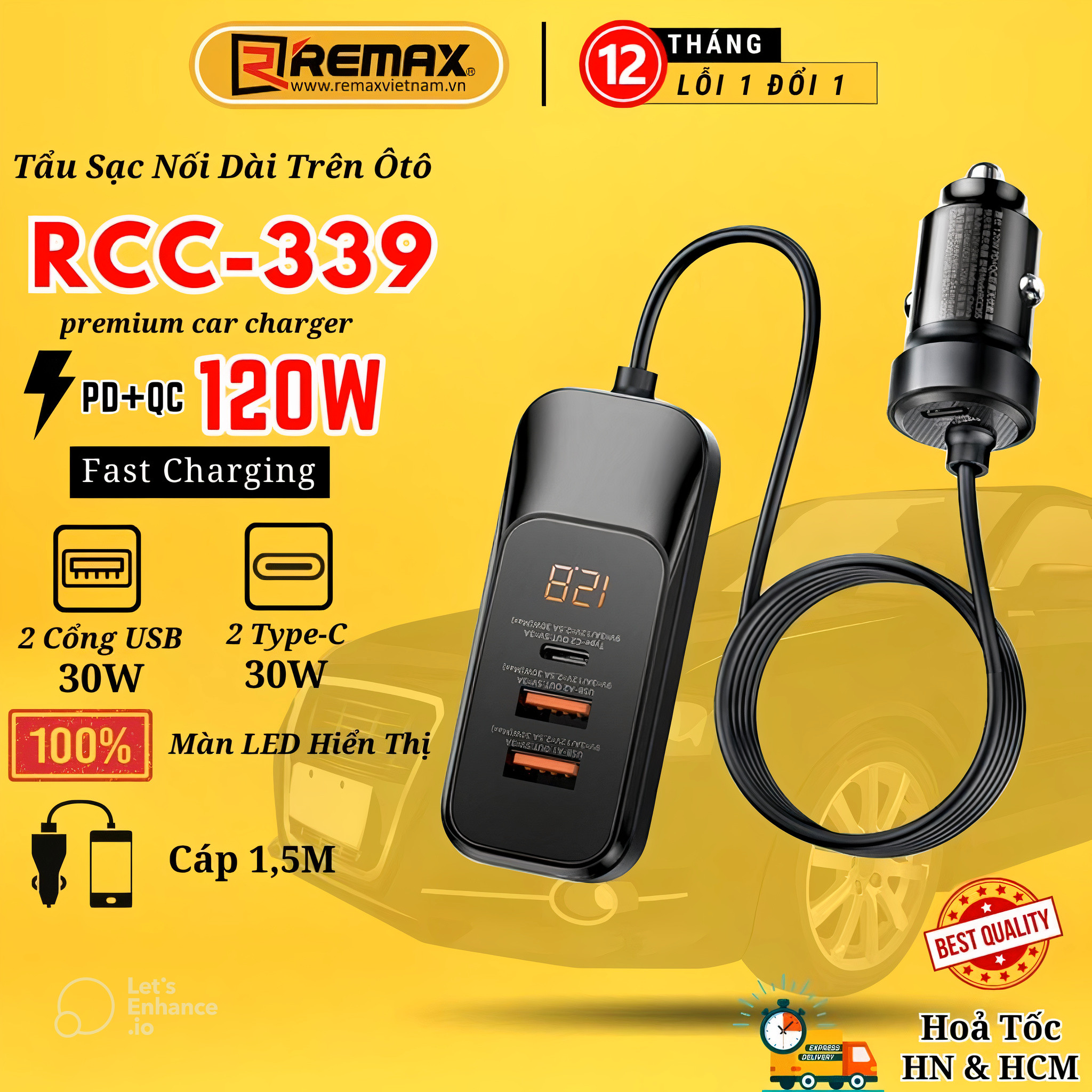 Tẩu sạc ô tô nối dài, mở rộng, sạc nhanh công suất cao Remax RCC-355 120w 4 cổng- Hàng chính hãng Remax