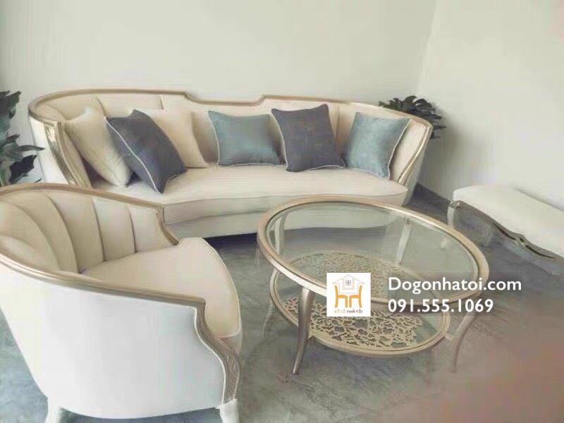 Bộ Sofa Màu Trắng Kem, Dát Lá Vàng Phòng Khách Tân Cổ Điển SF411 - Đồ Gỗ Nhà Tôi