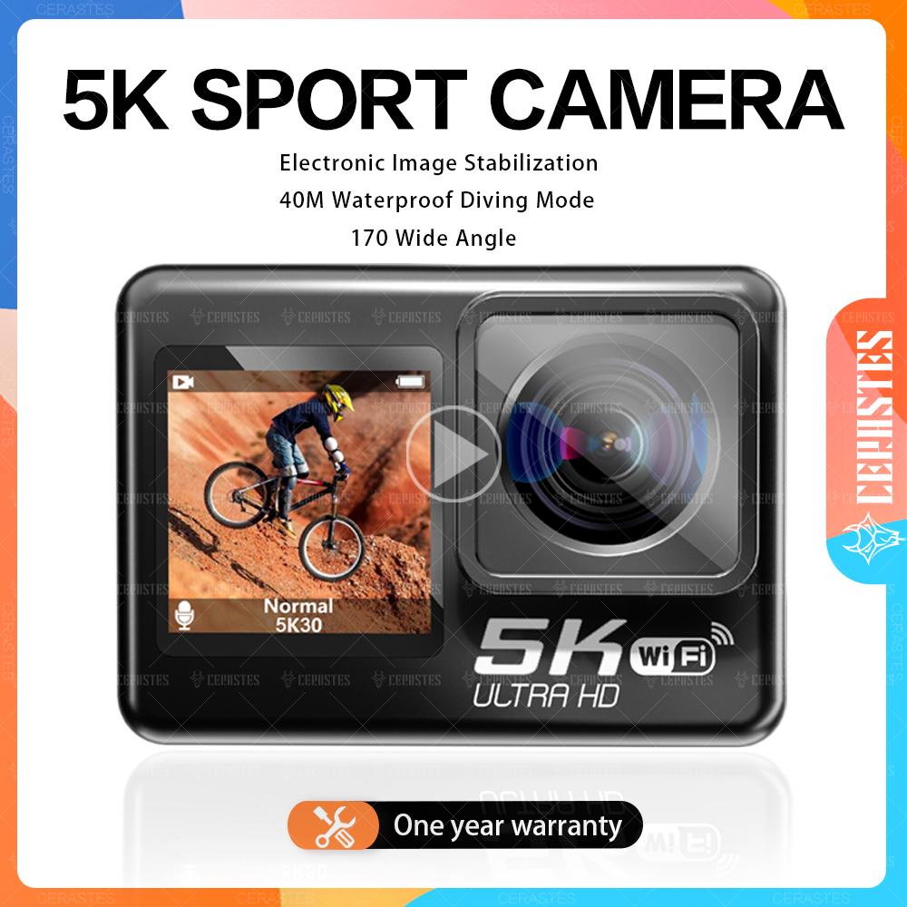 Camera hành động chống rung WiFi CERASTES 4K 5K 60FPS Màn hình kép Camera thể thao chống nước góc rộng 170° 30m có điều khiển từ xa