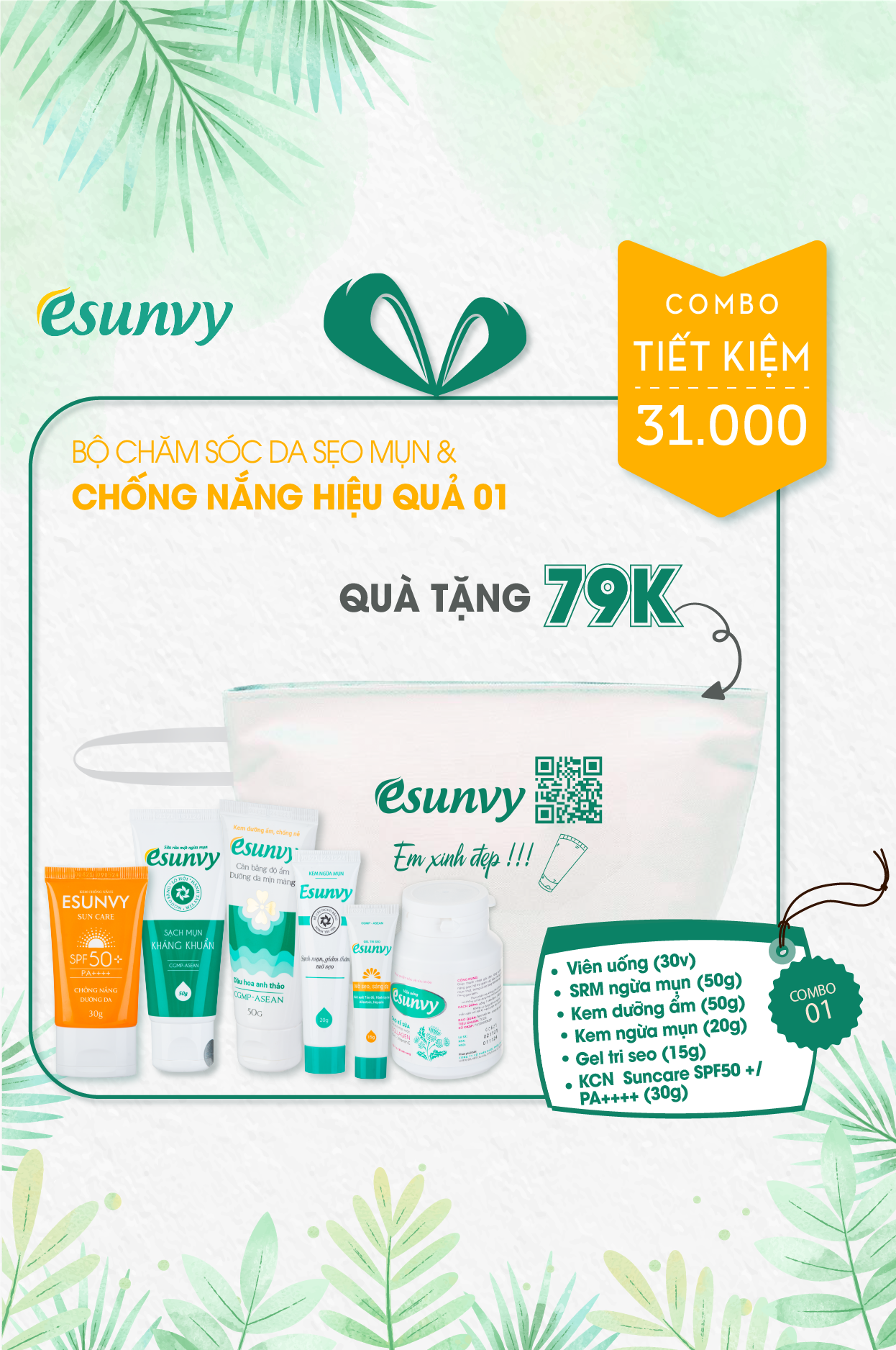 Bộ Chăm Sóc Da Sẹo Mụn &amp; Chống Nắng Hiệu Quả Esunvy - Giúp Sạch Mụn, Hết Thâm, Mờ Sẹo, Lành Tính CSDSMCN