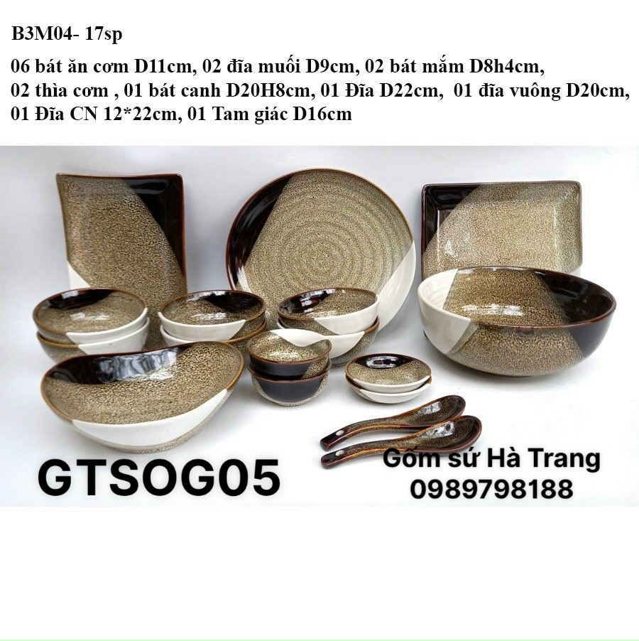 Bộ bát đĩa gốm sứ Bát Tràng cao cấp men hoả  biến gấm tam sắc GTSOG05