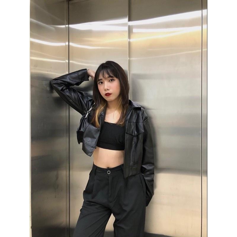 Áo Khoác Croptop Bomber Da Dài Tay Cúc Bấm Màu Đen So Hot