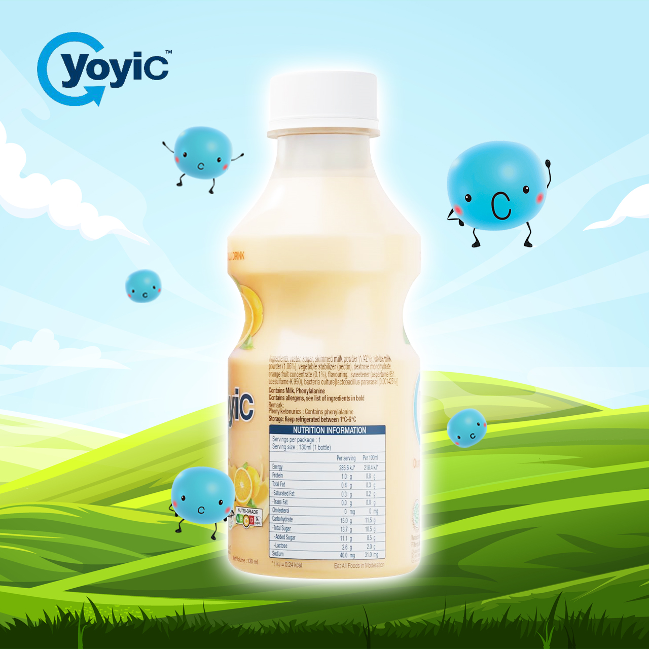 (Lốc 12 chai) Sữa Chua Uống YOYIC Lên Men Tự Nhiên Hỗ Trợ Tiêu Hoá 130ml - Vị Cam