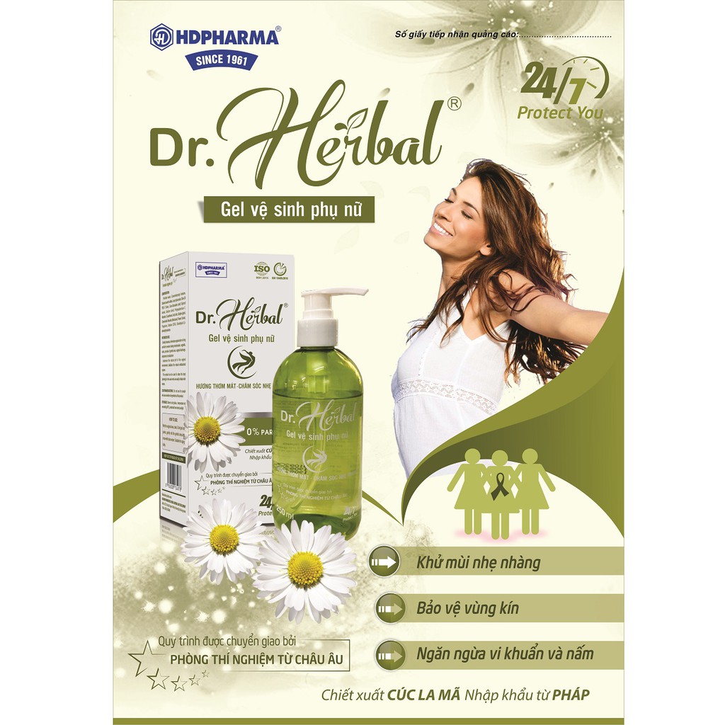 Gel Vệ Sinh Phụ Nữ Dr.Herbal - HDPHARMA - 0% Paraben, Chiết Xuất Từ Cúc La Mã Nhập Khẩu (250 ml)