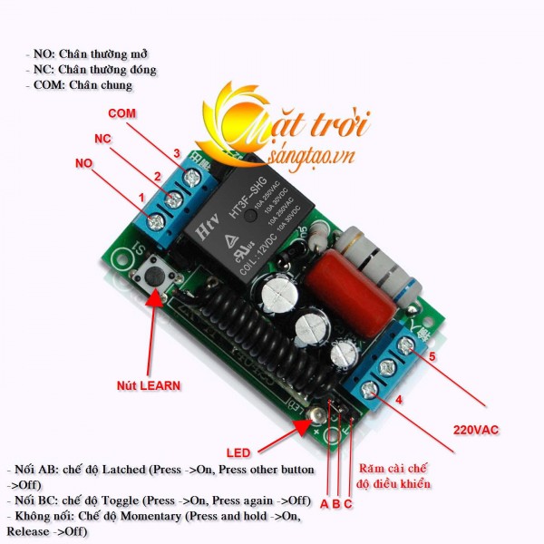 Mạch công tắc điều khiển từ xa 1 cổng học lệnh RF 3 chế độ 220VAC