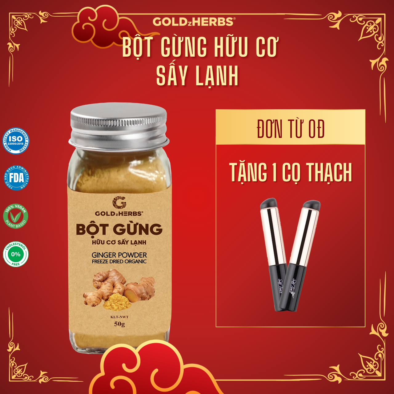 Hàng chính hãng - Bột gừng hữu cơ sấy lạnh GoldzHerbs, 100% nguyên chất, gia vị nấu ăn – 50g