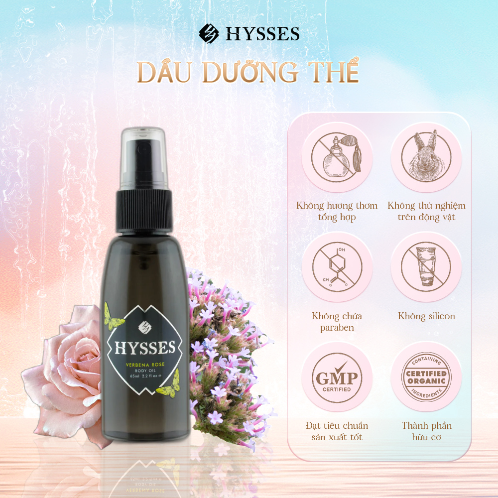 Dầu dưỡng thể Cao Cấp Hysses Body Oil Hỗ Trợ Tình Trạng Da Nhạy Cảm, Kích Ứng, Giúp Làm Mềm, Khóa Ẩm và Bảo Vệ Da, Chống Lão Hóa Với Tinh Dầu Hoa Hồng - Mã Tiên Thảo Hữu Cơ Tự Nhiên