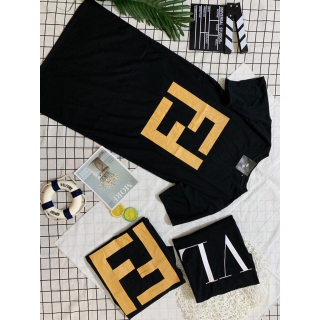 Đầm suông chất cotton co dãn in chữ ff cổ tròn freesize dáng dài