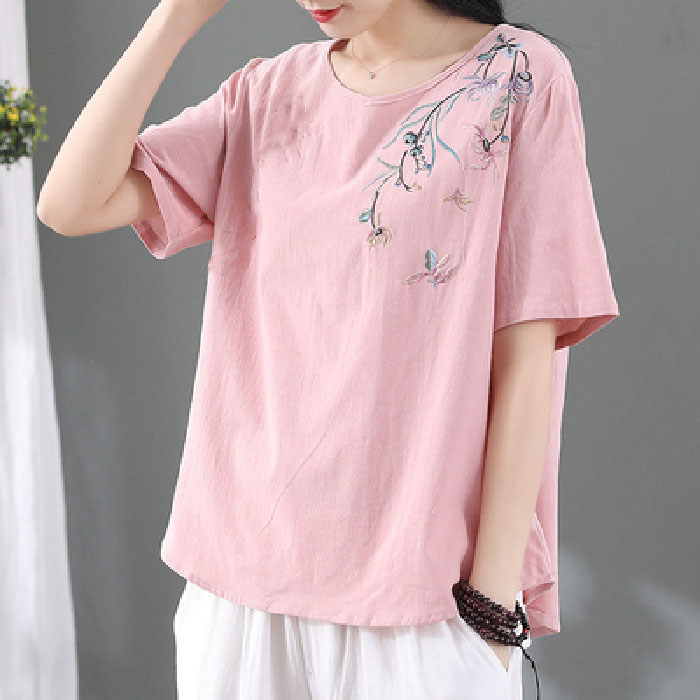 Áo kiểu nữ Đũi Việt, áo nữ form rộng, họa tiết hoa thêu ở ngực, phối đồ xinh DV18