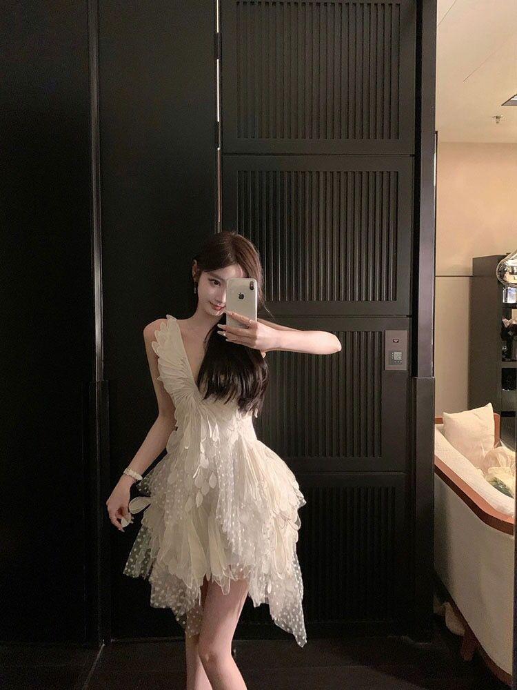 TOBE1SHOP 2023 mùa hè phụ nữ vest váy cao cấp không đều ren váy pongee váy trắng nàng tiên váy
