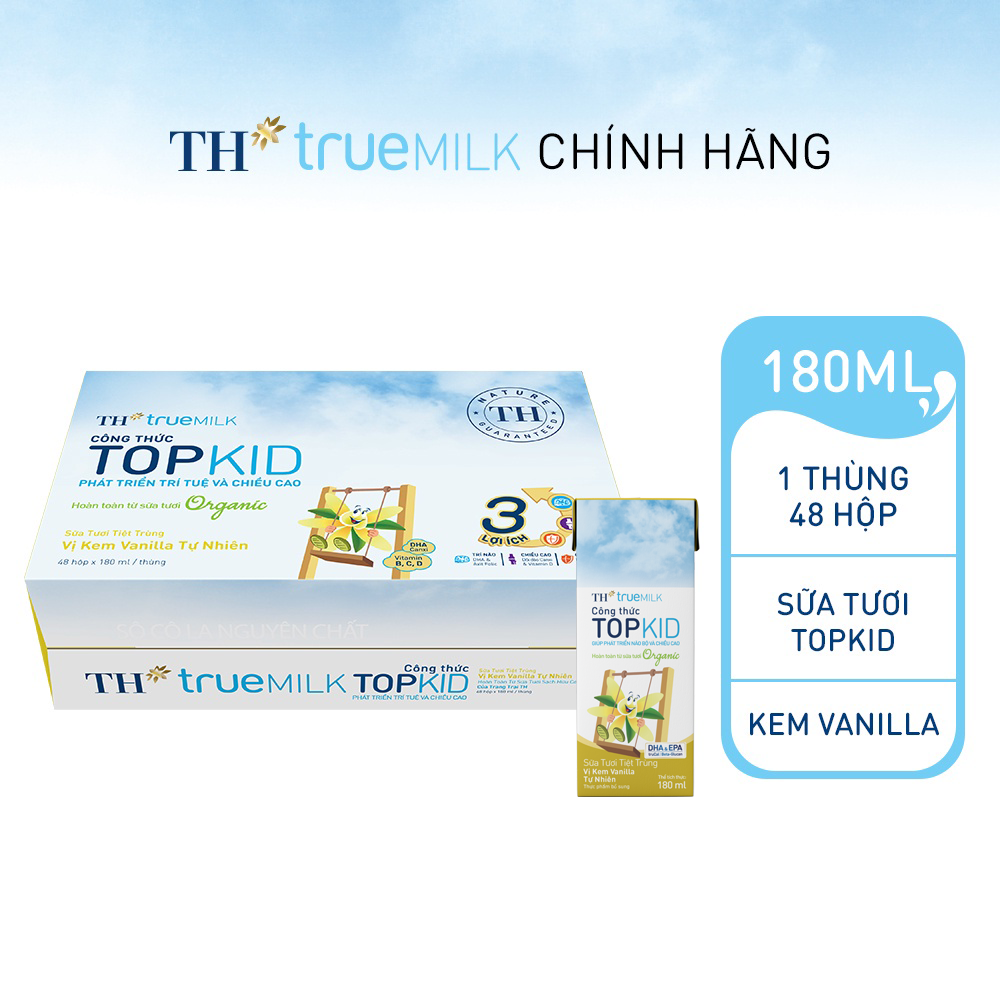 Hình ảnh Thùng 48 hộp sữa tươi tiệt trùng TOPKID kem vanilla tự nhiên TH True Milk 180ml (180ml x 48)