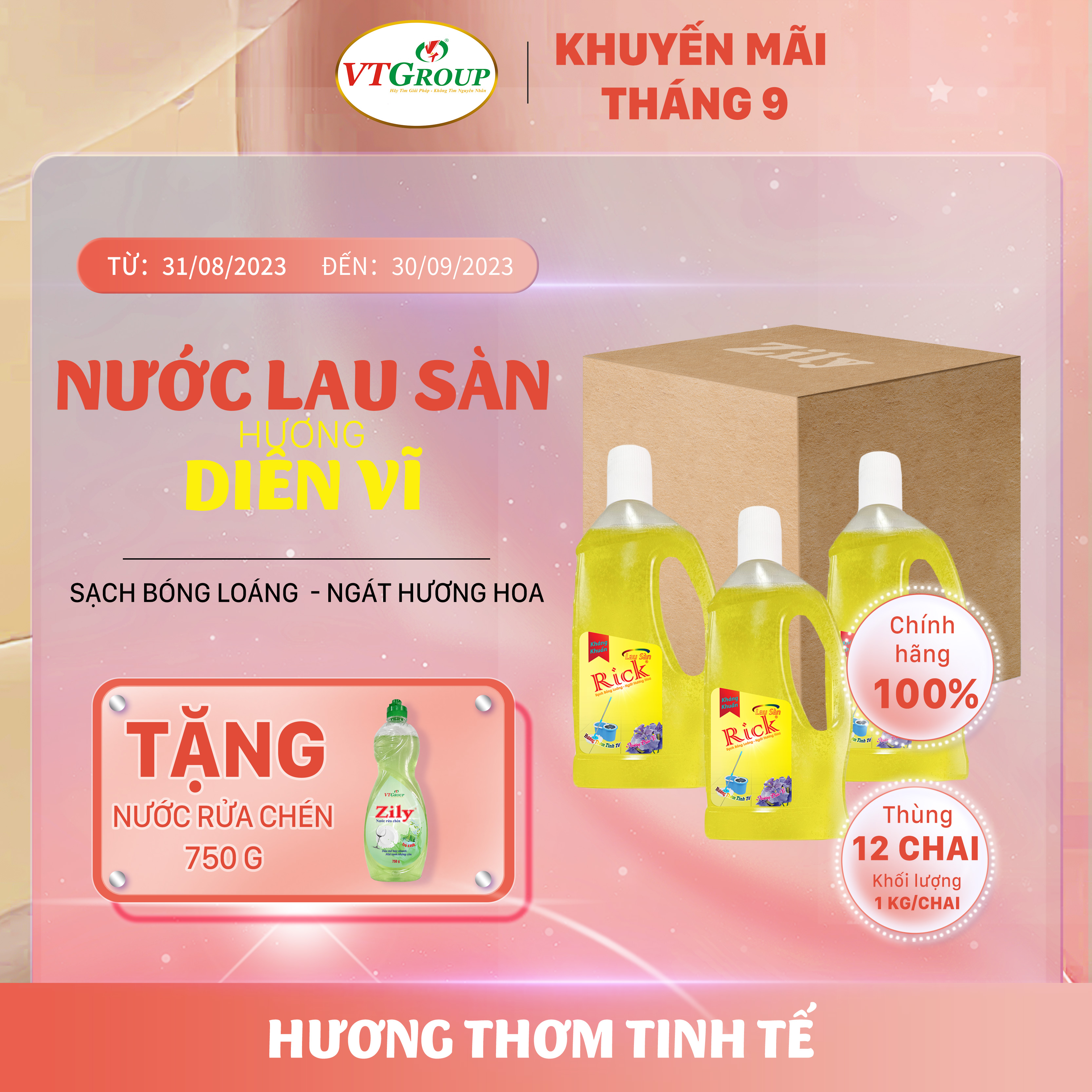 Nước lau sàn Rick 1kg (12 chai/thùng) - Tặng 1 chai rửa chén 750g