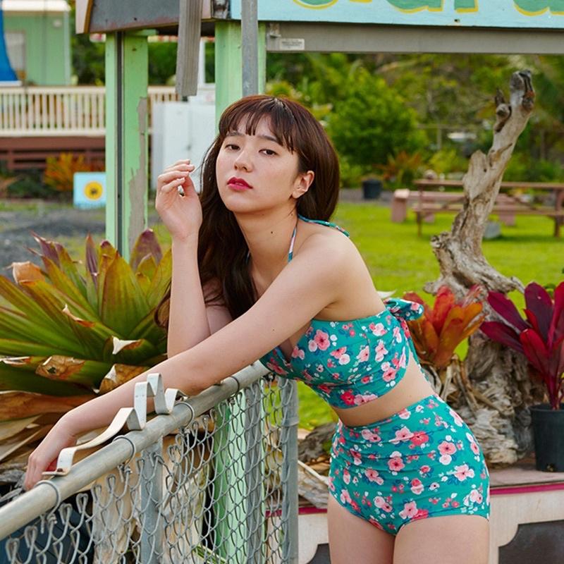 Set đồ bơi bikini nữ hoa nhí xanh lá cúp ngực quần cạp cao siêu xinh