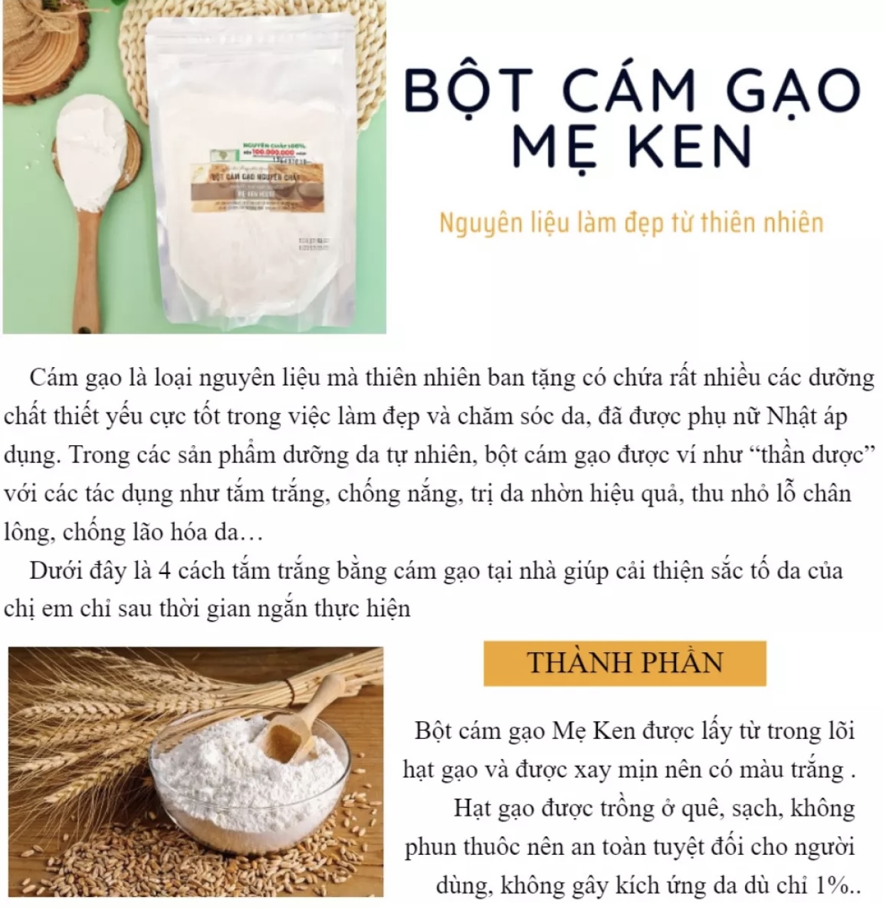 Bột cám gạo nguyên chất Mẹ Ken 500gr - tặng kèm miếng lót ly