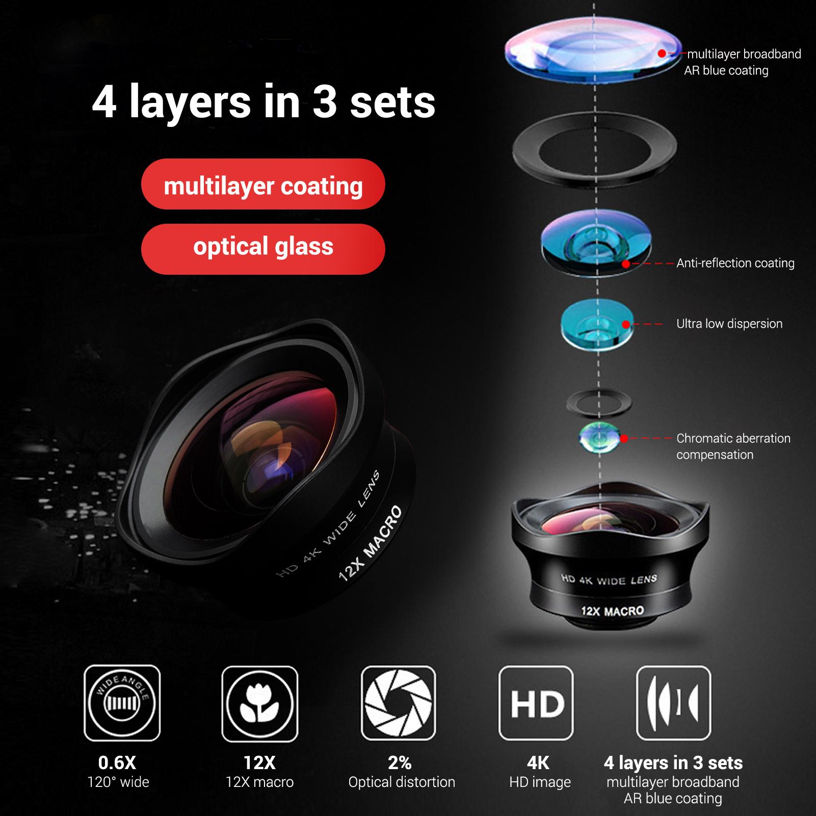 Two in One 16mm Wide Lens + 12X Macro Lens Set Clip-on Phone Camera Lens Add-on Lenses Kit HD Camera Lens Compatible
