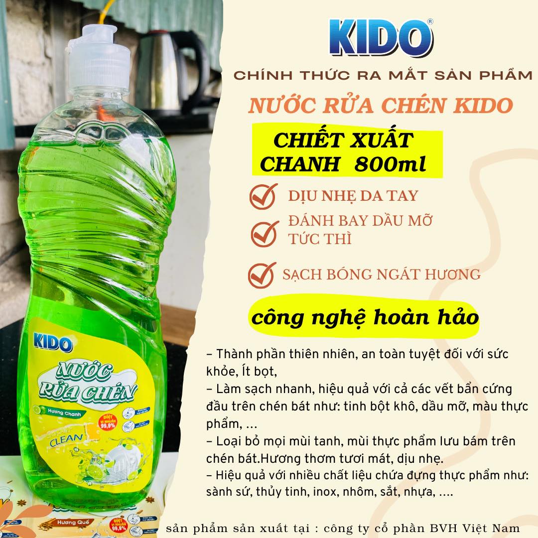 Nước Rửa Bát KiDo Hương Chanh Chiết Xuất 800ml Sạch Bay Dầu Mỡ