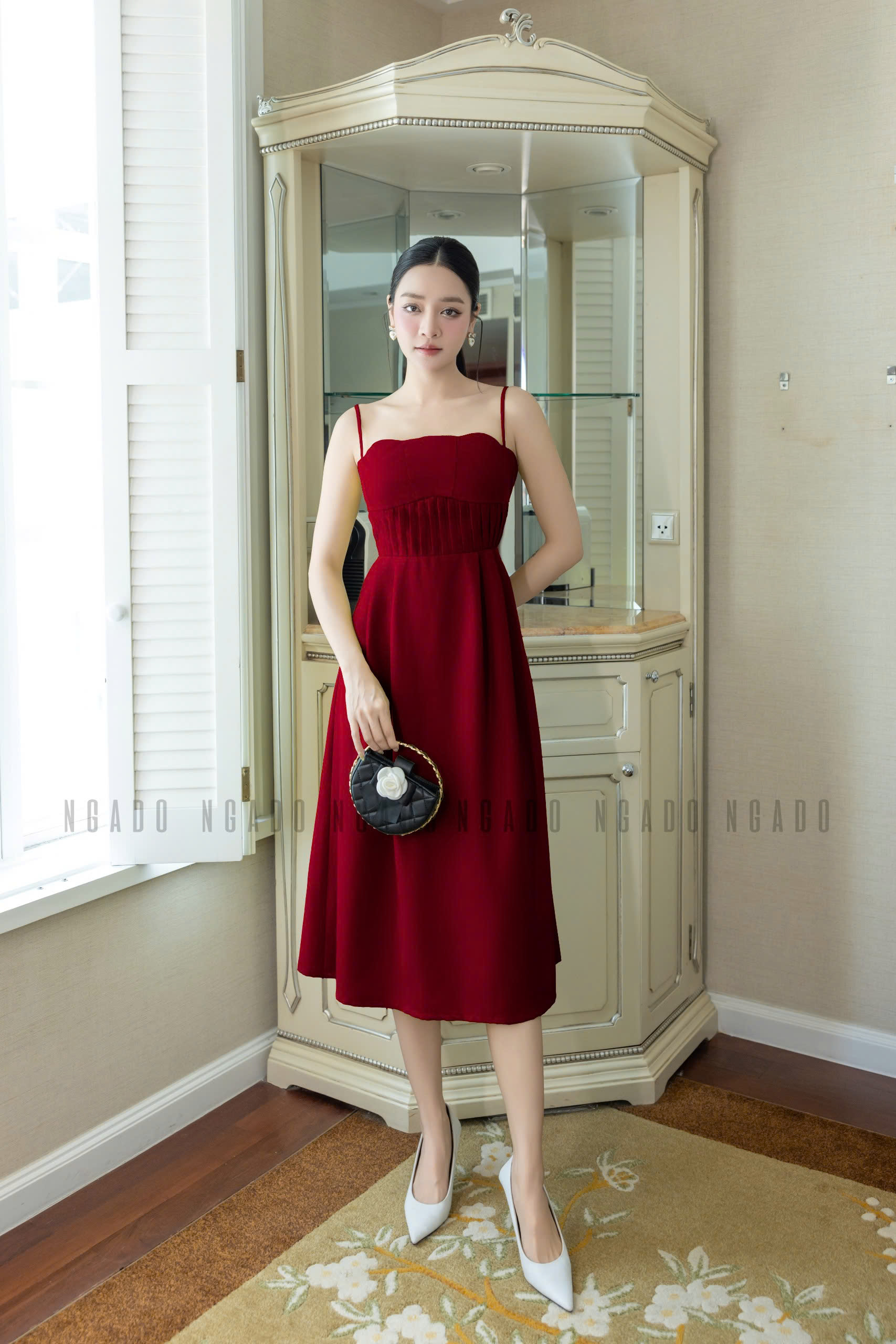 Đầm đỏ hai dây xếp ly ngực NGADO , đầm hai dây , đầm Nữ , đầm dự tiệc