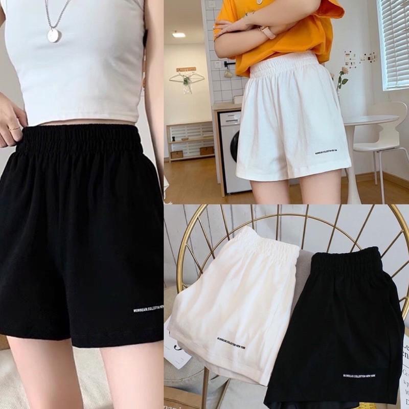 Quần Đùi Cotton Unisex Nam Nữ Cạp Chun In Chữ