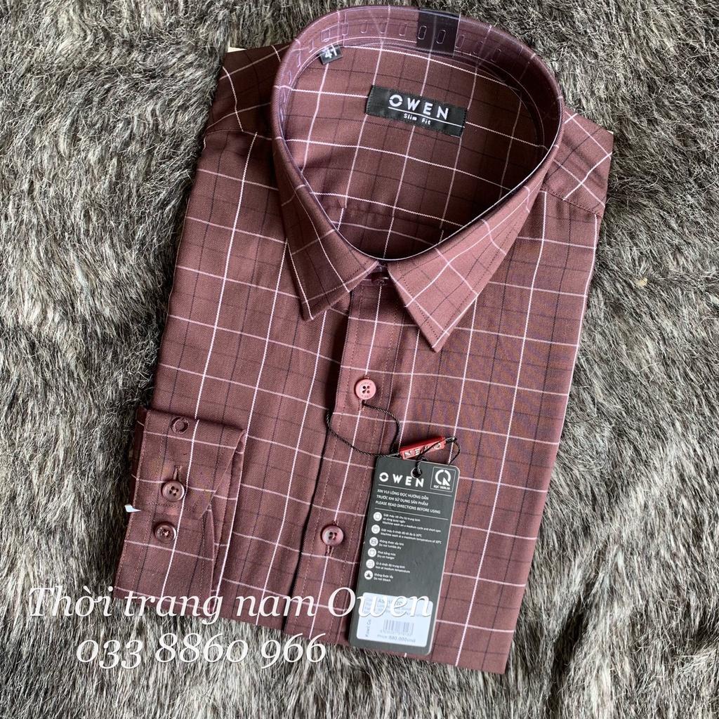 OWEN - Áo sơ mi dài tay Owen Slimfit chất sợi tre kẻ ca rô màu nâu 61012