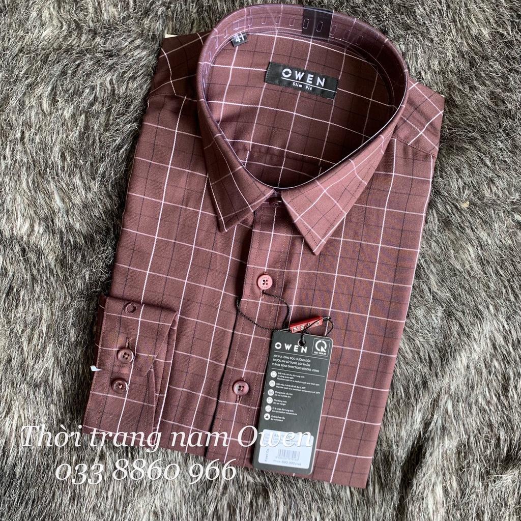 OWEN - Áo sơ mi dài tay Owen Slimfit chất sợi tre kẻ ca rô màu nâu 61012