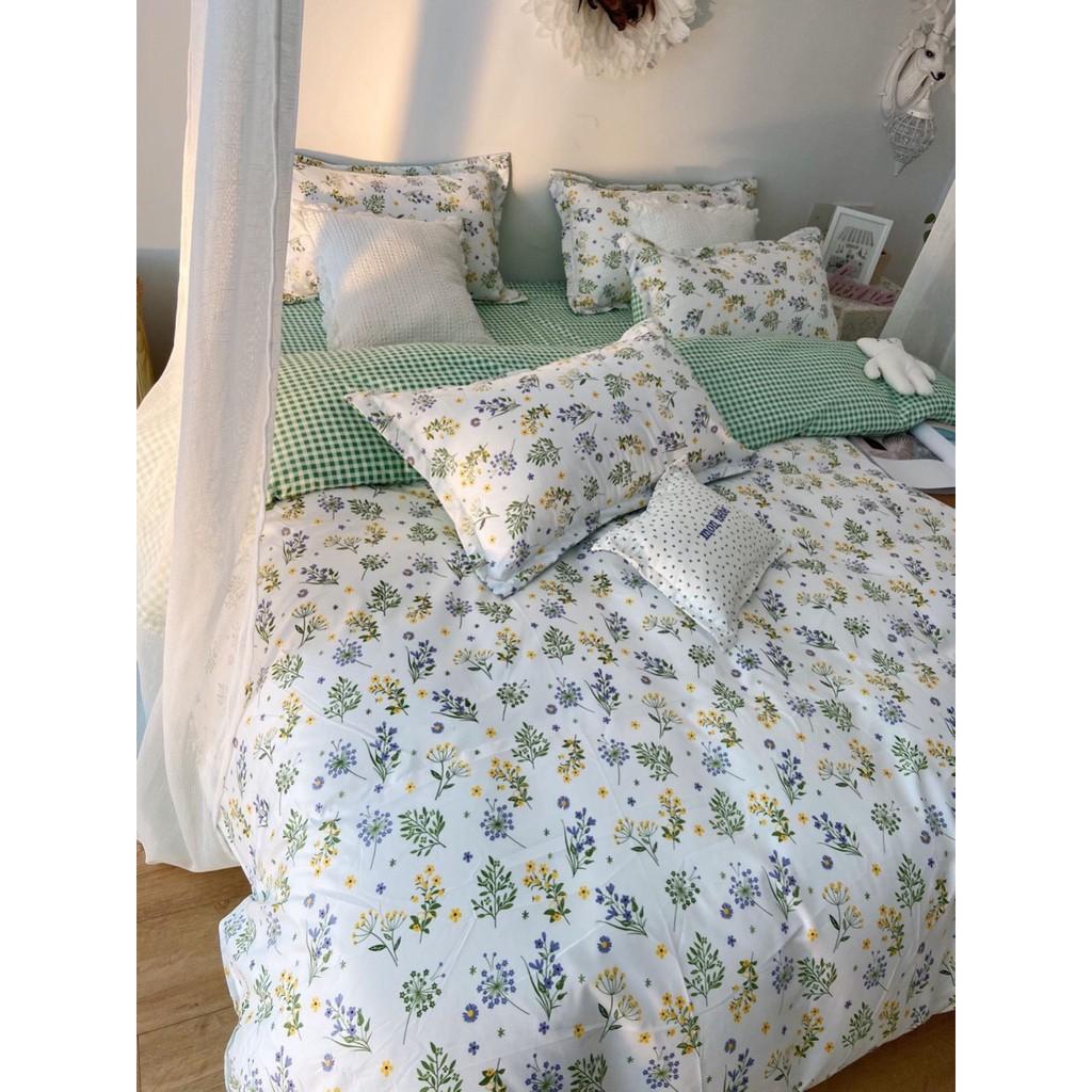 Bộ chăn ga gối Cotton poly M2T Bedding Hoa nhí phối xanh lá, vỏ chăn mền, drap nệm và 2 vỏ gối