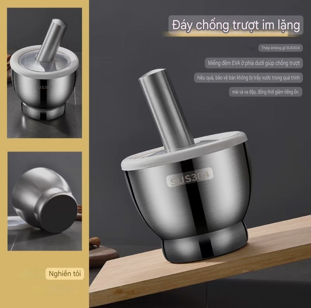 Bộ chày cối chống trượt có nắp đậy chống tràn loại lớn chất liệu bằng inox 304