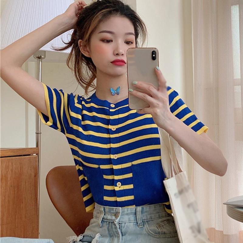 Áo Cardigan Ngắn Tay Kẻ Sọc Xinh Xắn Theo Phong Cách Hàn Quốc